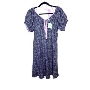 Love + Harmony Size Med Cottagecore Puff Sleeve Dress Black Floral Pink NWT